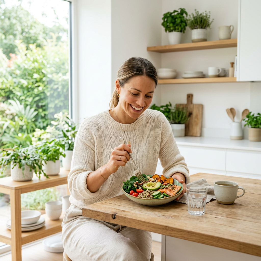 A healthy individual enjoying a nutritious meal in a bright, modern kitchen, symbolizing long-term wellness and cellular health.