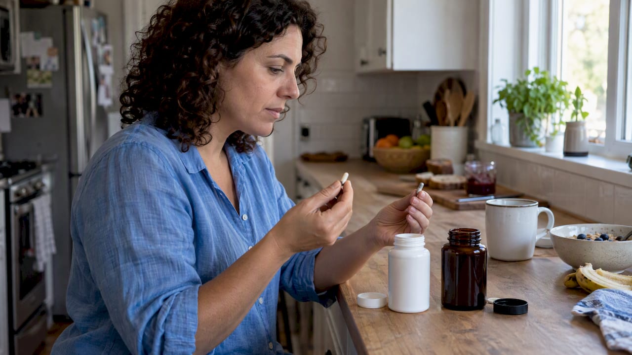 Woman comparing NAC and glutathione capsules