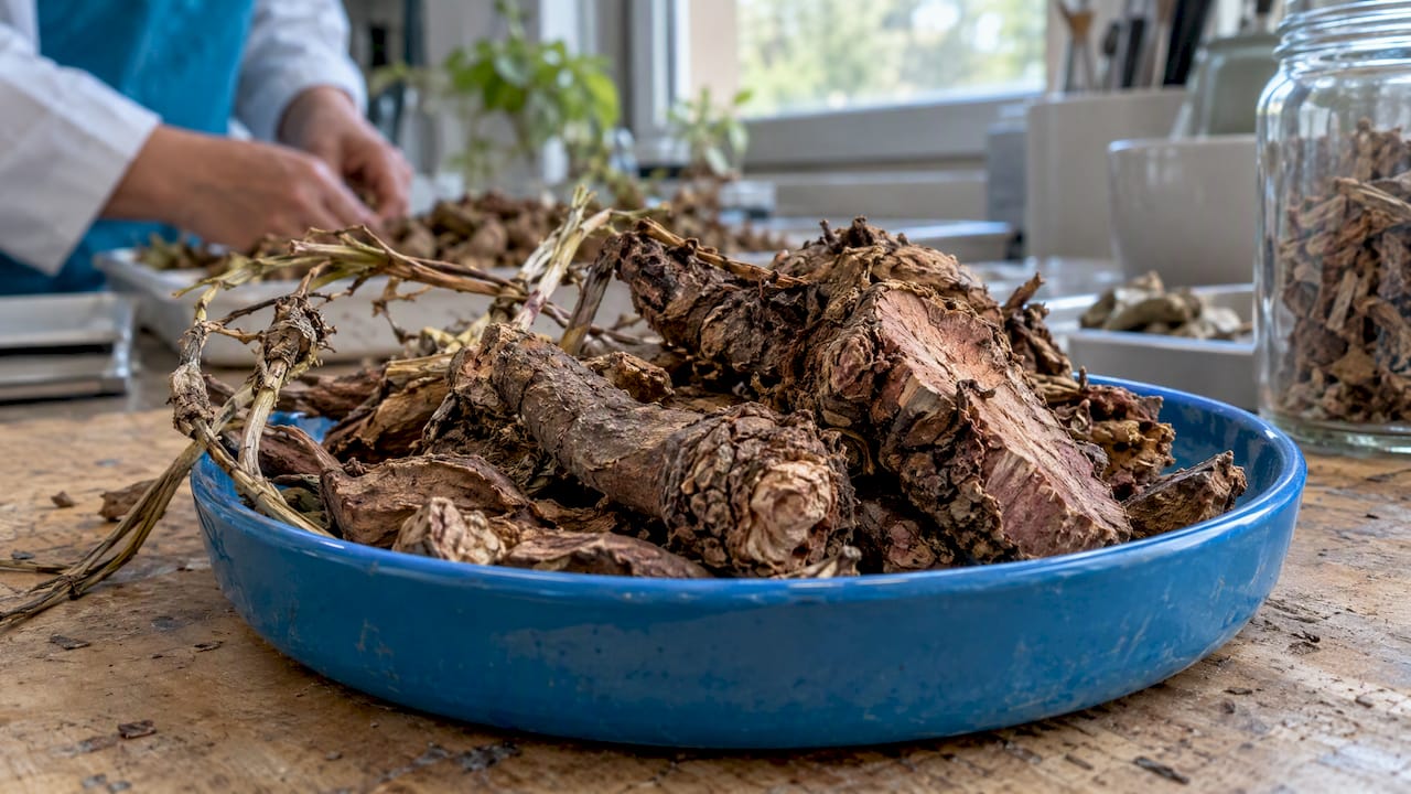 Dried Rhodiola rosea roots in a blue dish