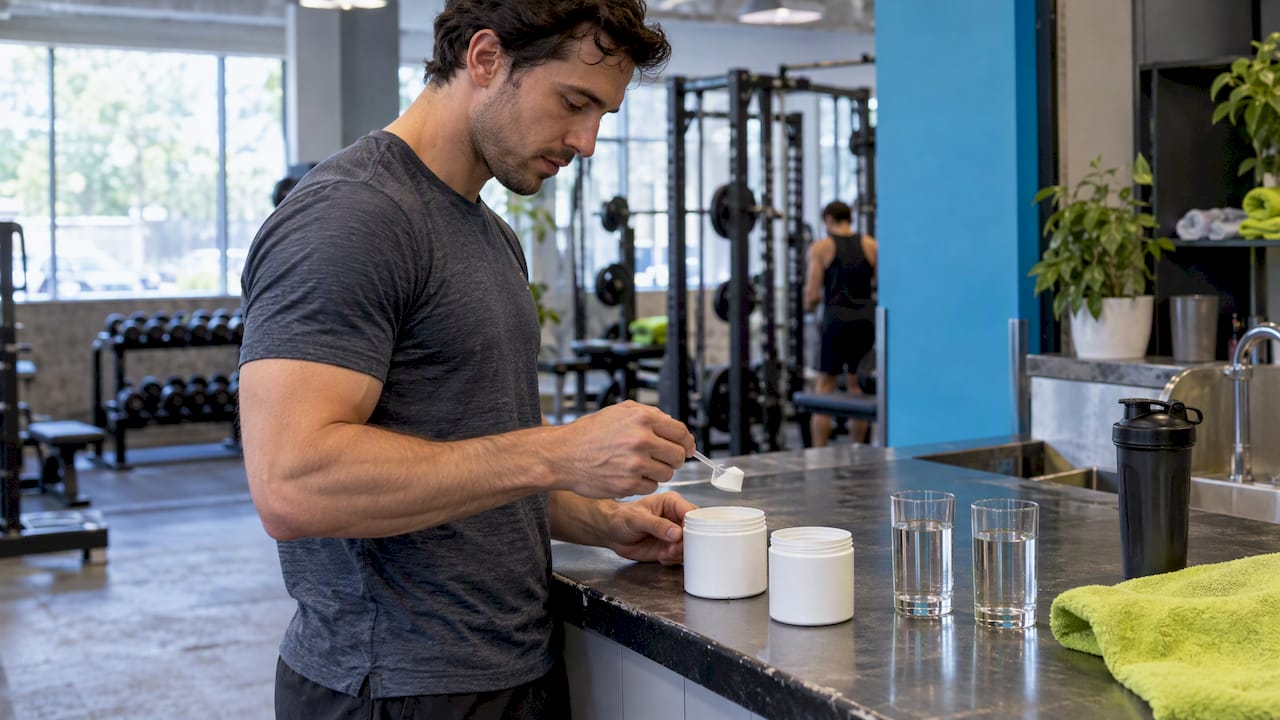 Lifter comparing creatine powder portions at gym