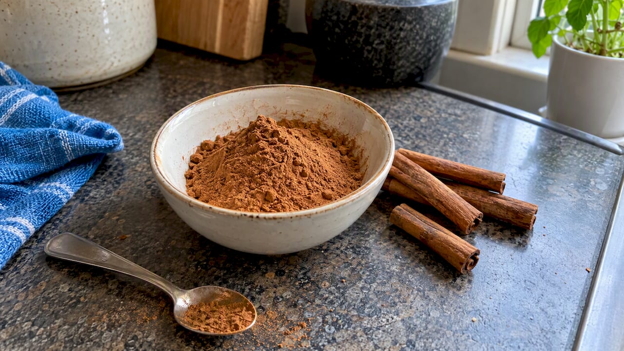 Ground cinnamon and sticks on kitchen counter